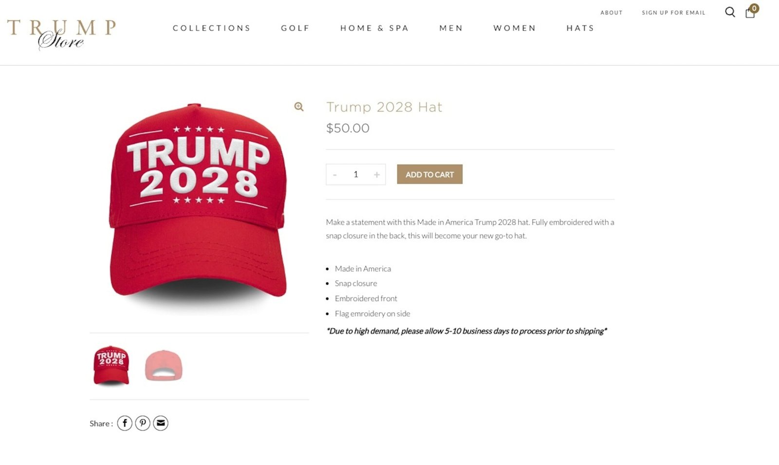 ट्रम्प स्टोर ने 'ट्रम्प 2028' टोपी पेश की है जो राष्ट्रपति फिर से कार्यालय के लिए चला सकता है